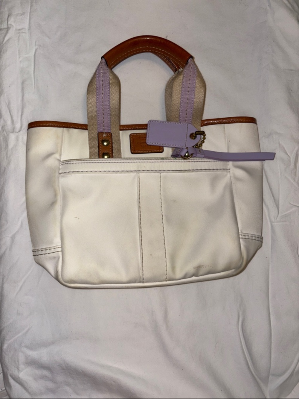 Coach White Tote with Lavender Accents and Tan Trim